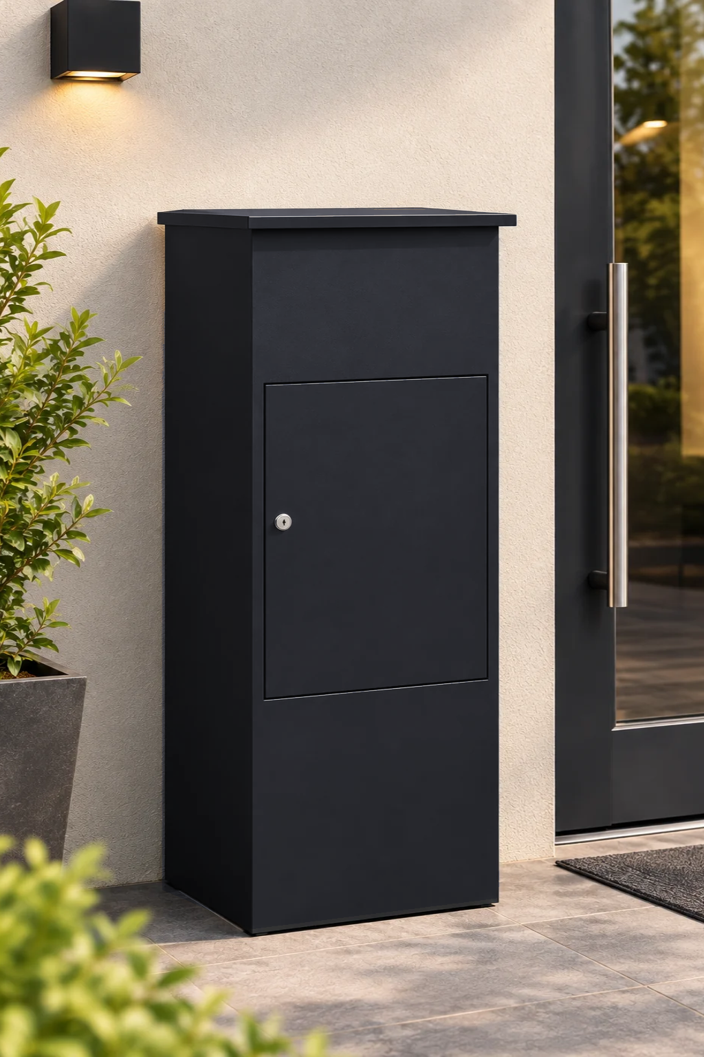 Boîte à colis XXL noire devant une entrée