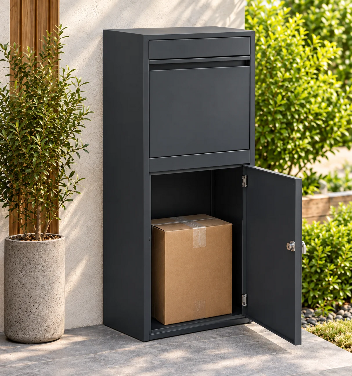 Boîte à colis Grand Format anthracite – photo 2 – porte inférieure ouverte avec un colis [Anthracite]