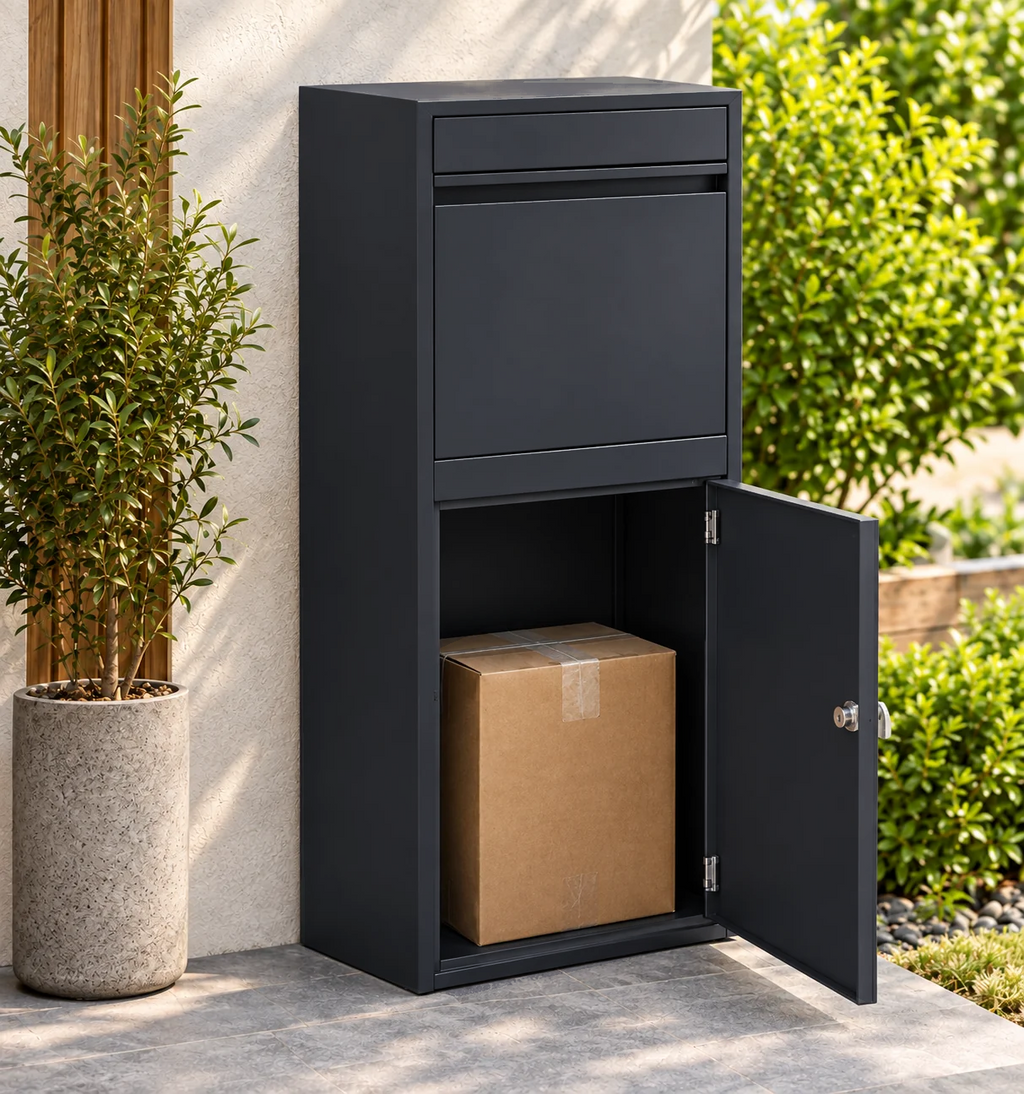 Boîte à colis Grand Format noir – photo 2 – porte inférieure ouverte avec un colis [Noir]