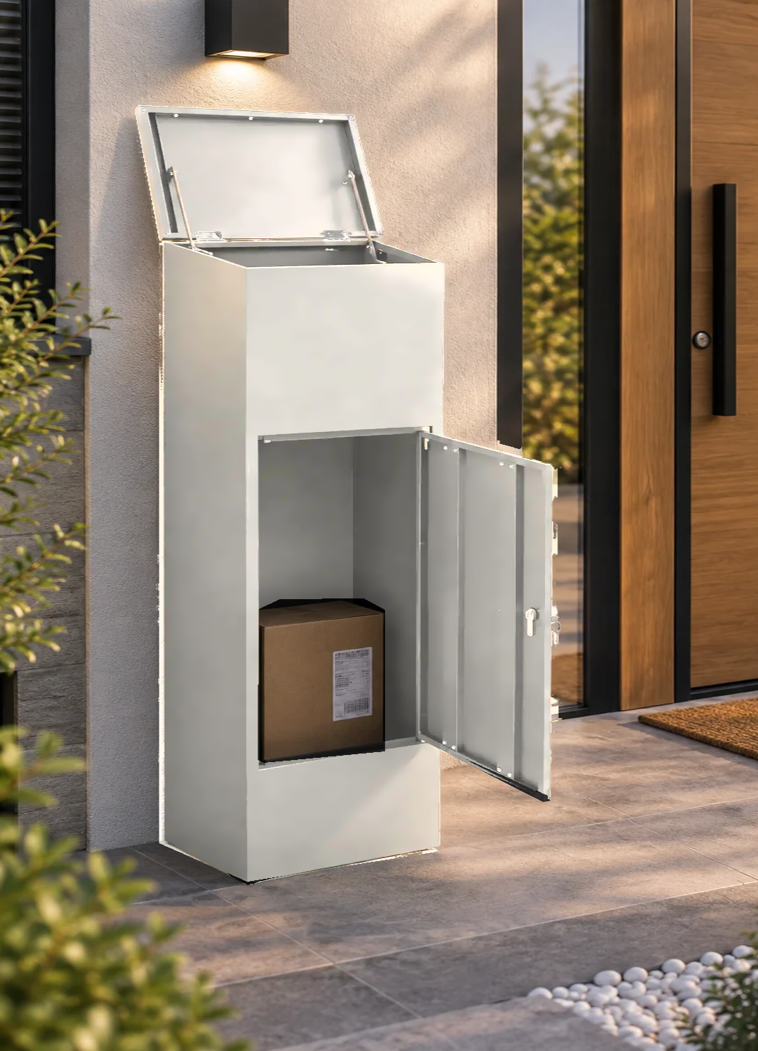 Boîte à colis XXL blanche – photo 2 – couvercle et porte ouverts avec un colis [Blanc]