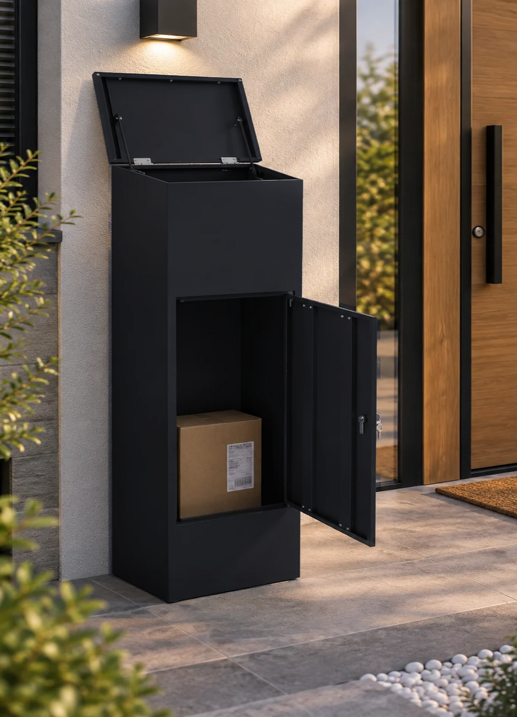 Boîte à colis XXL noir – photo 2 – couvercle et porte ouverts avec un colis [Noir]