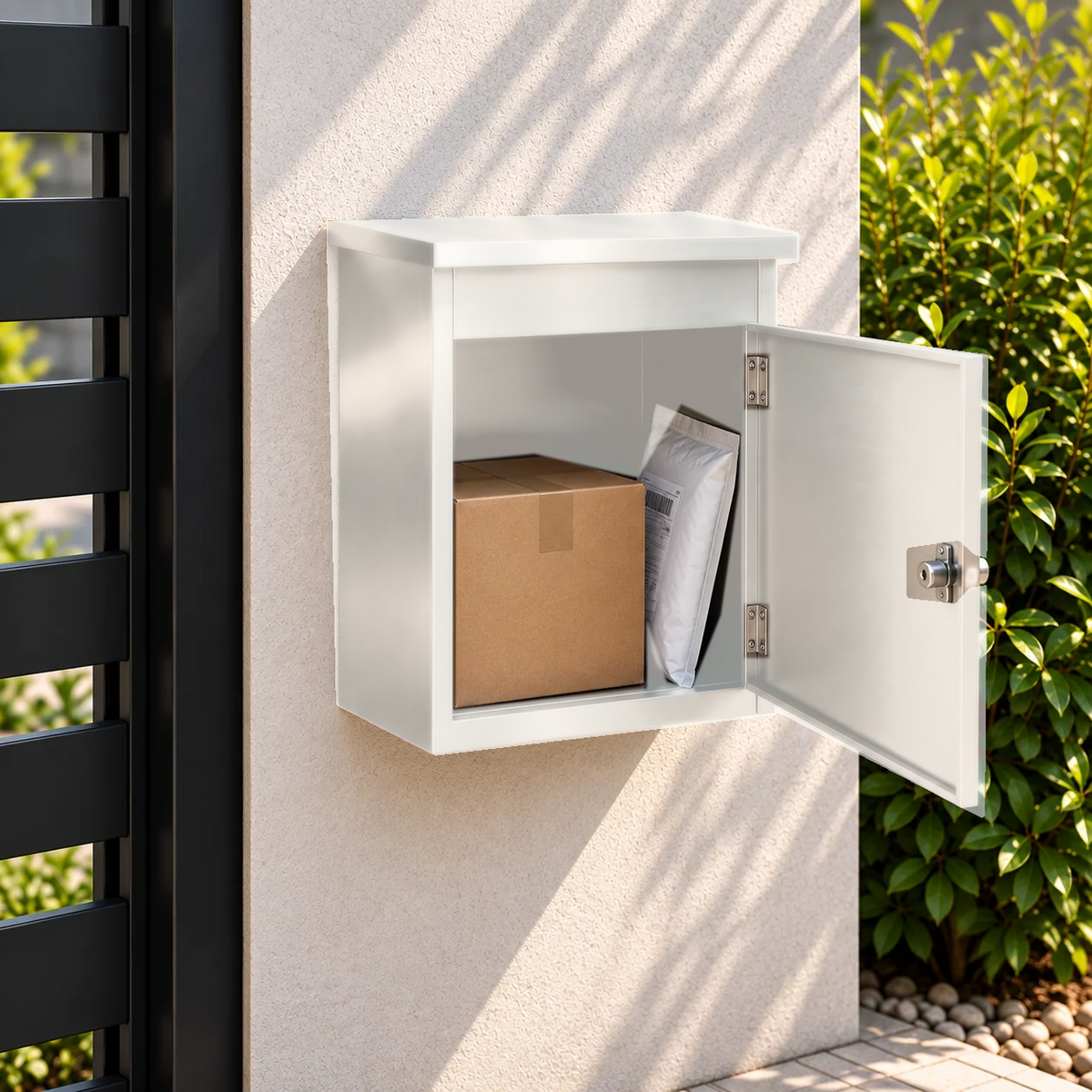 Boîte à colis compacte blanche – photo 2 – porte ouverte avec un colis [Blanc]