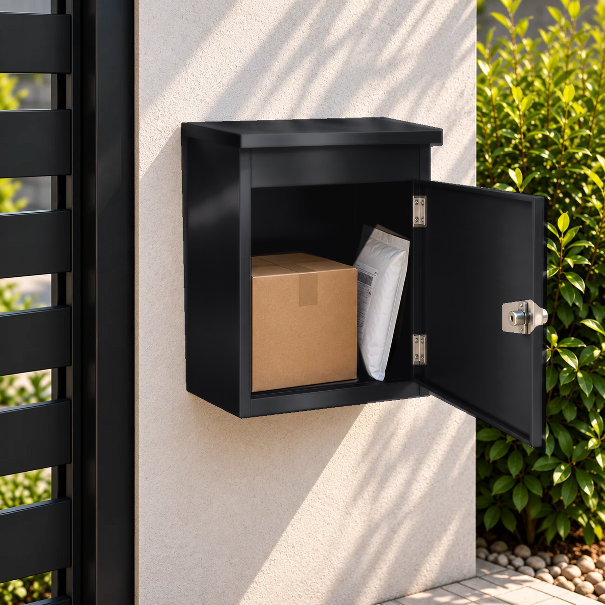 Boîte à colis compacte noire – photo 2 – porte ouverte avec un colis [Noir]