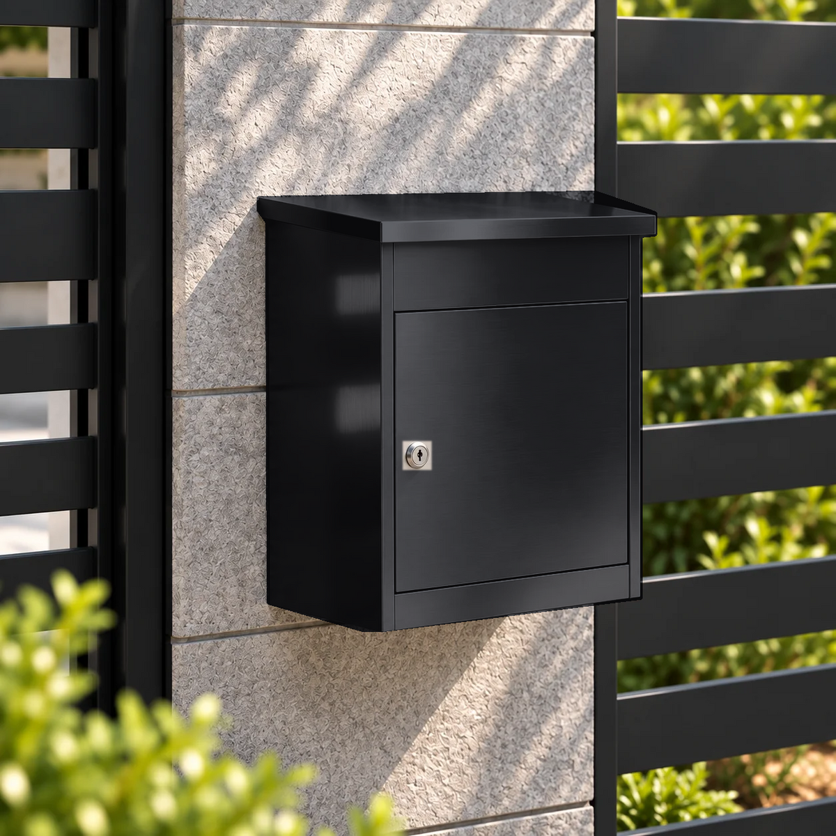 Boîte à colis compacte noire – photo 3 – installée contre un mur, porte fermée [Noir]