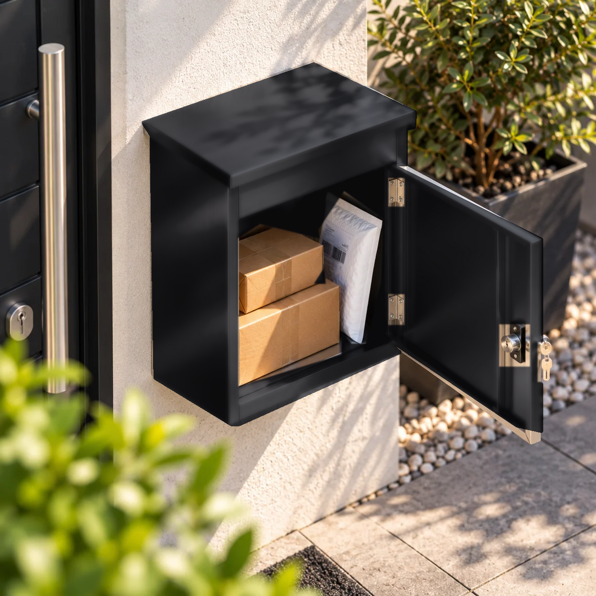 Boîte à colis compacte noire – photo 4 – porte ouverte avec deux colis [Noir]