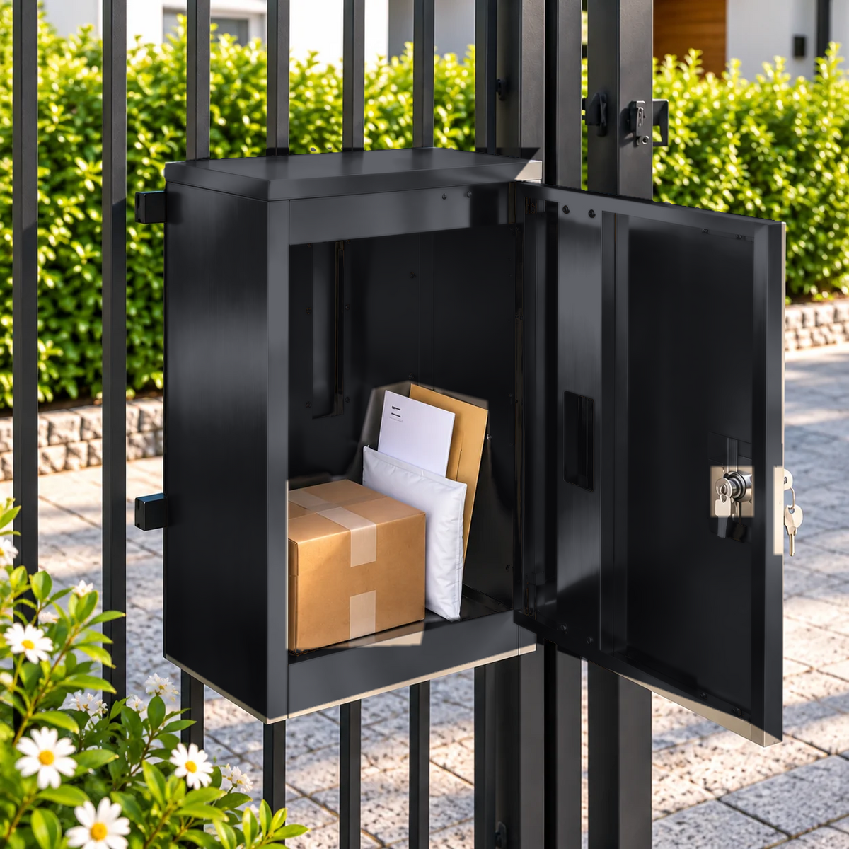Boîte aux lettres noire – photo 4 – porte ouverte avec du courrier et un colis [Noir]