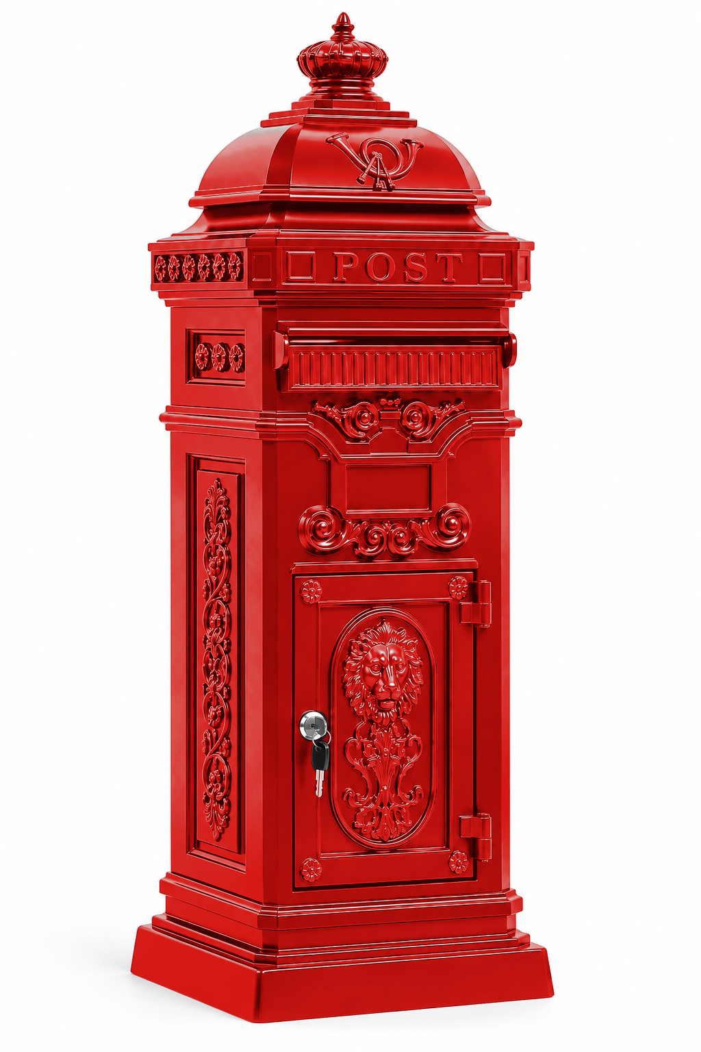 Boîte aux lettres vintage sur pied rouge – photo 1 – sur fond blanc [Rouge]